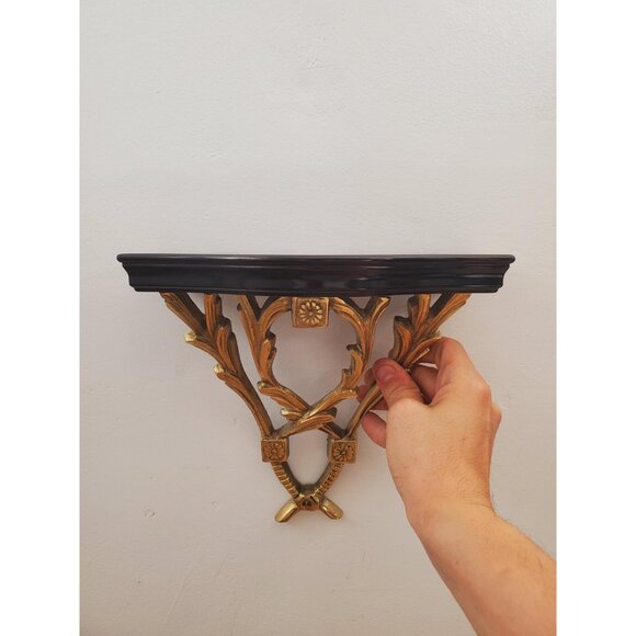 Vintage Solid Brass Ornate Wall Shelf - Vintage Ornate Brass & Wood Wall Shelf - - Picture 4 of 10